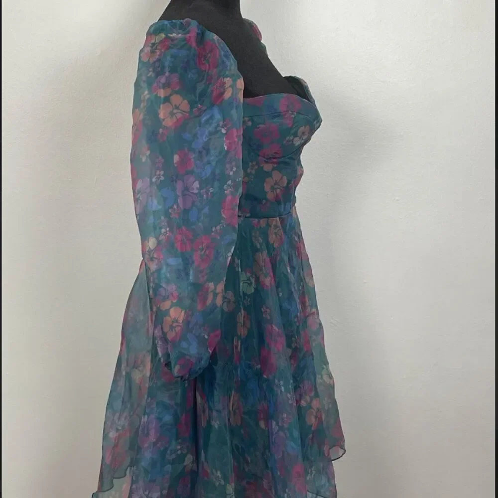 Selkie-Inspired Floral Organza Dress with Puff Sleeves - Picture 3 of 5
